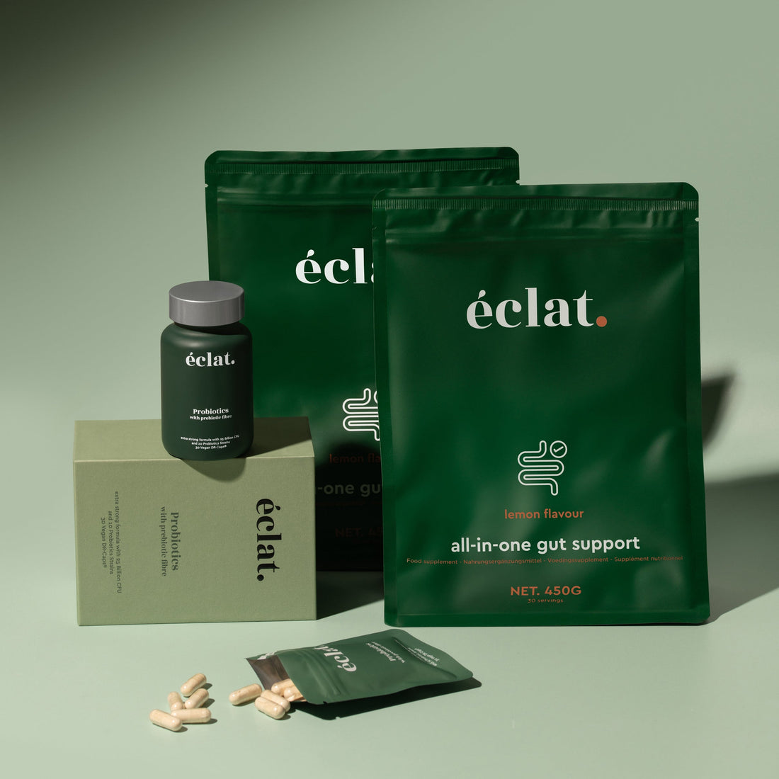 Paket med förmåner för tarmhälsa: (2x) All-in-one Gut Support + Pre & Probiotics Complex + refillförpackning med Pre & Probiotics