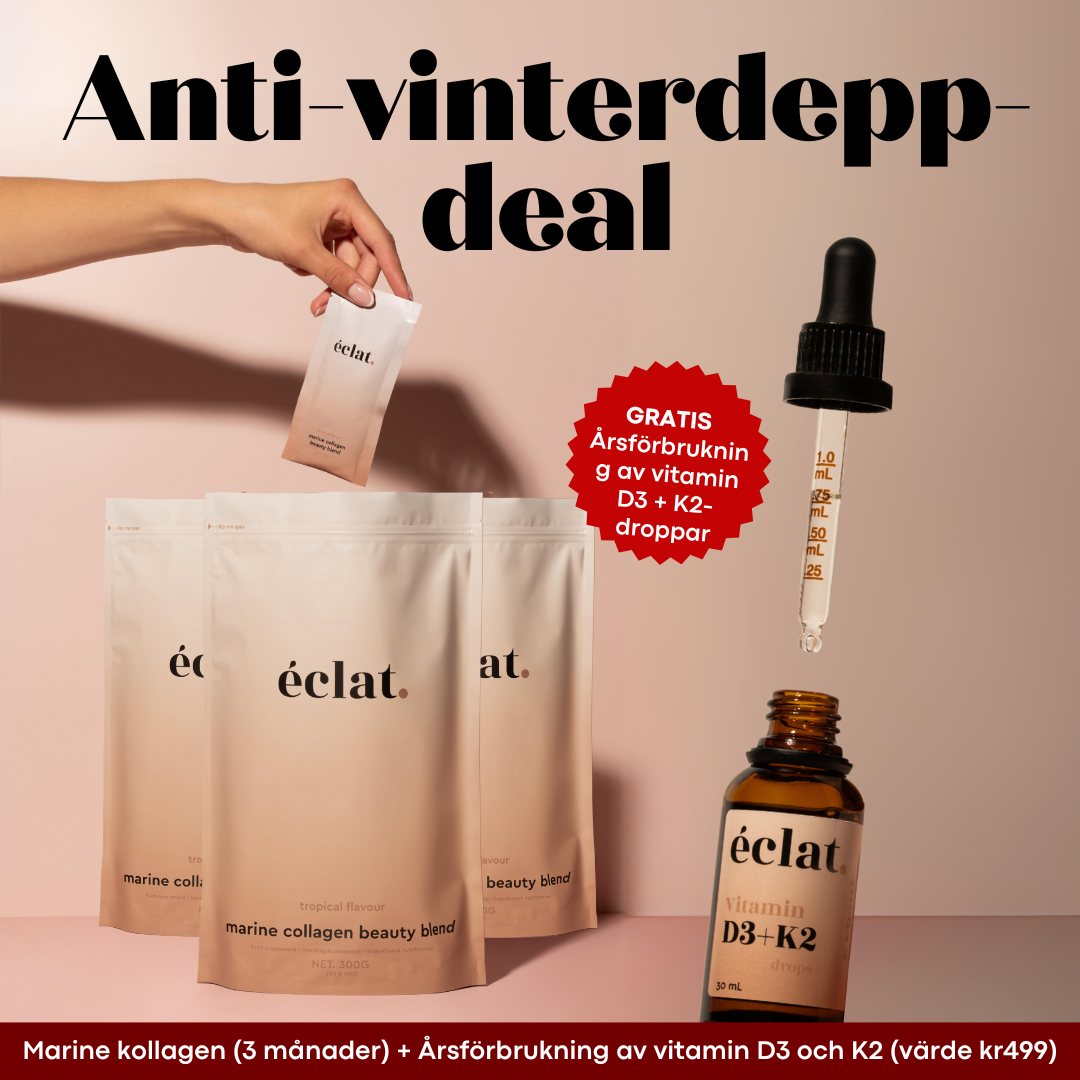 Tillfälligt vintererbjudande: Marine Kollagen (3x) + GRATIS Årsförbrukning av vitamin D3 + K2-droppar (30 ml)